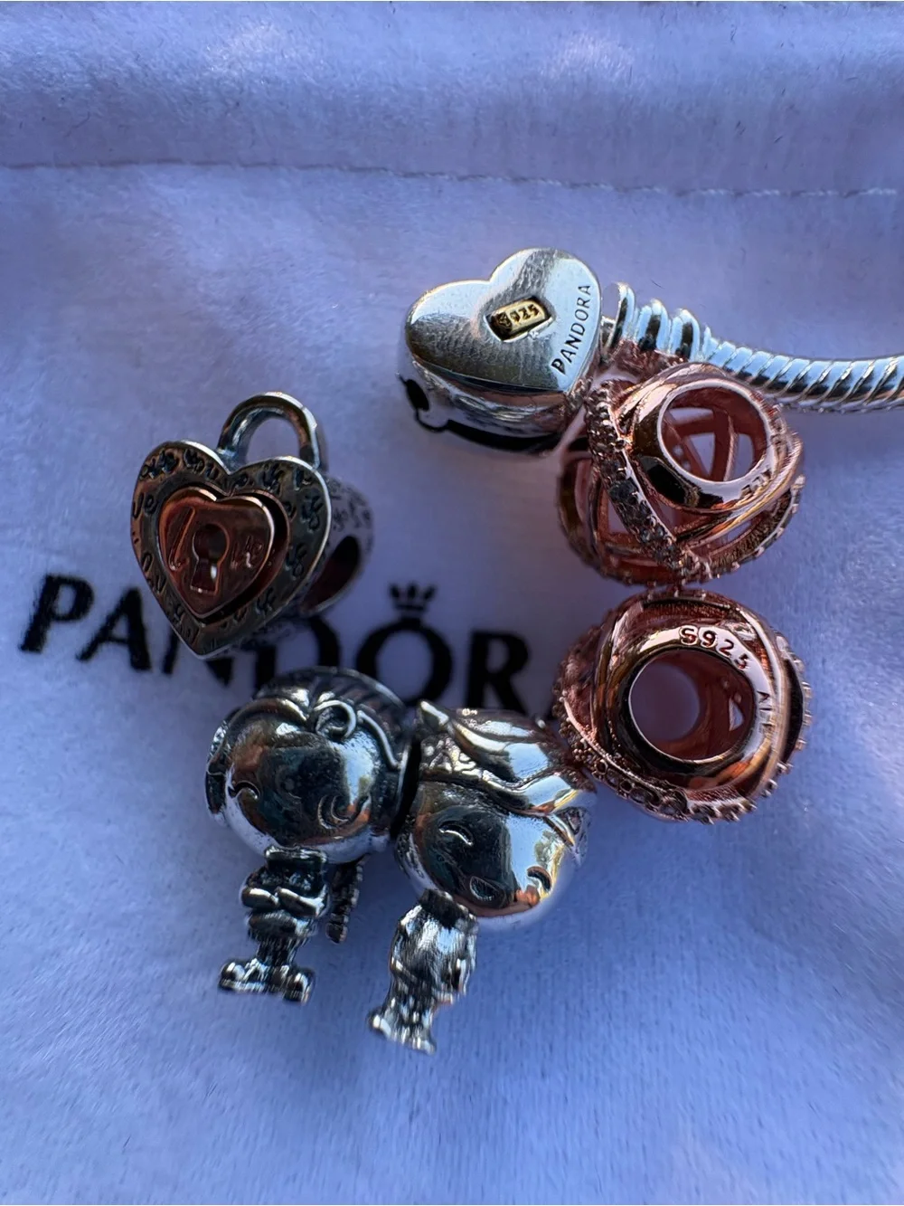 Pandora Two-Tone Heart & Rose Charm Bracelet in Pink and Silver - Picture 6 of 9